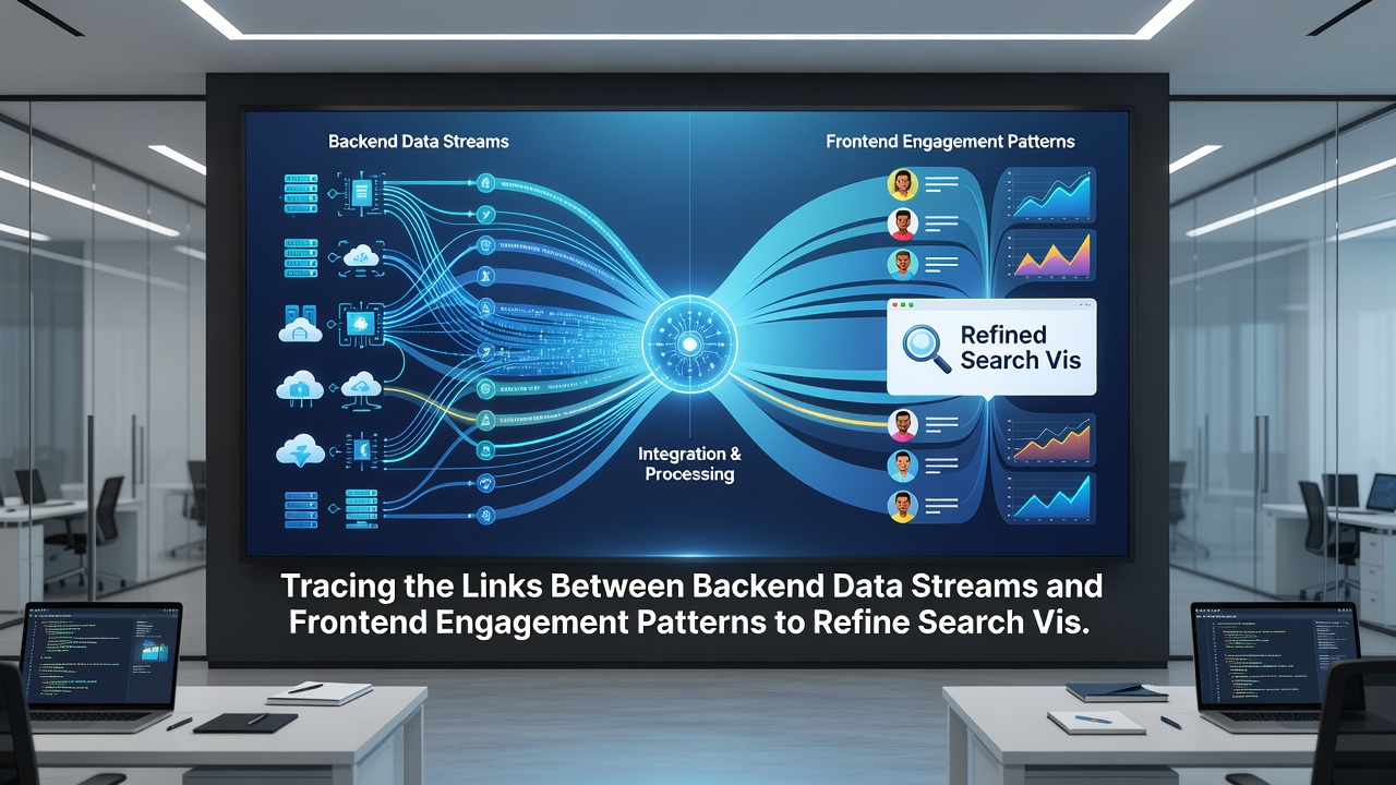 Dashboard screenshot showing overlaid backend logs and frontend engagement graphs for search visibility analysis